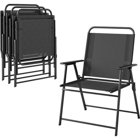 Set aus 4 schwarzen, klappbaren Gartenstühlen mit Armlehnen und breiter Textilene-Sitzfläche, ideal für den Außenbereich, Terrasse und Pool, komfortabel und langlebig.