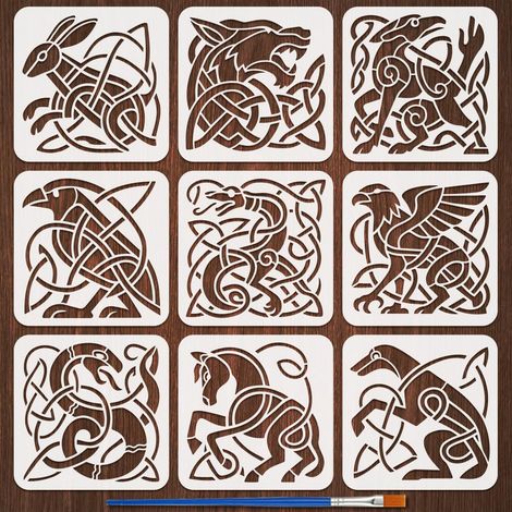 9Pcs Pochoir de Peinture en Plastique Avec Motif D'Animaux Celtiques et Pinceau Pochoirs de Dessin Réutilisables de 20x20cm Motifs D'Animaux Abstraits Décoratifs pour Loisirs Créatifs (1/5)