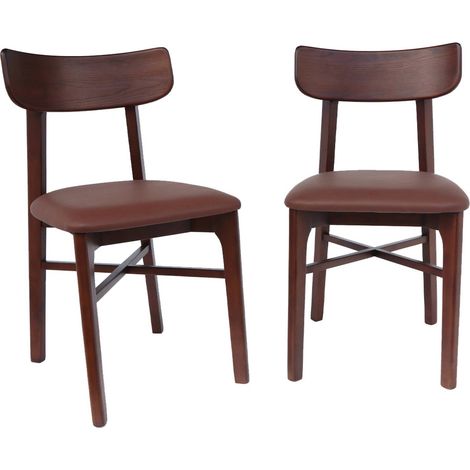 Lot de 2 chaises bois d'hévéa et assise simili cuir marron. vintage. L 43.5 x P 48 x H 81cm Noyer / Marron (1/5)