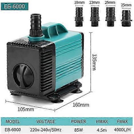 Pompe de fontaine submersible (4000 litres/heure, 85 watts), avec 4 buses et une hauteur de refoulement de 4,5 mètres. (1/5)