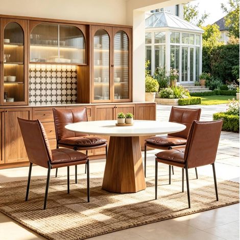 Set de 4 sillas de comedor en cuero regenerado marrón y negro, con respaldo acolchado, patas de metal y diseño compacto para mesa de cocina moderna – CHICFURN (1/5)