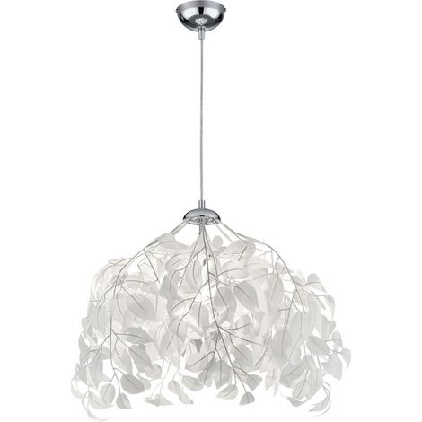 Lampe à suspension, plafonnier, lampe de salon, lampe de salle à manger, métal chromé feuilles blanches, 1x E27, H 150 cm (1/3)