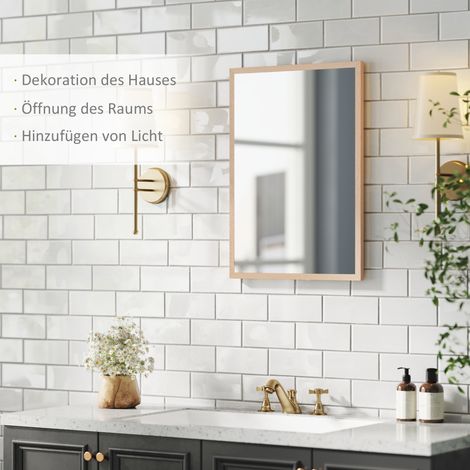 Miroir de salle de bain mural 50x70 cm, cadre effet bois, fixation simple avec vis fournies