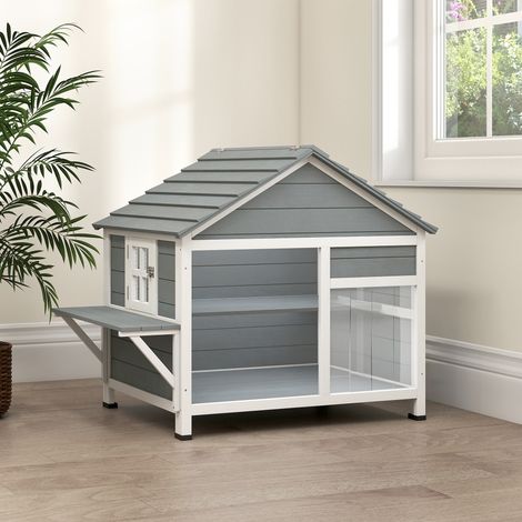 Maison pour Chat Extérieur Toit Ouvrant Fenêtre Panoramique Porte à Lamelles et Plateforme de Repos 101x72,5x81cm Gris (1/5)