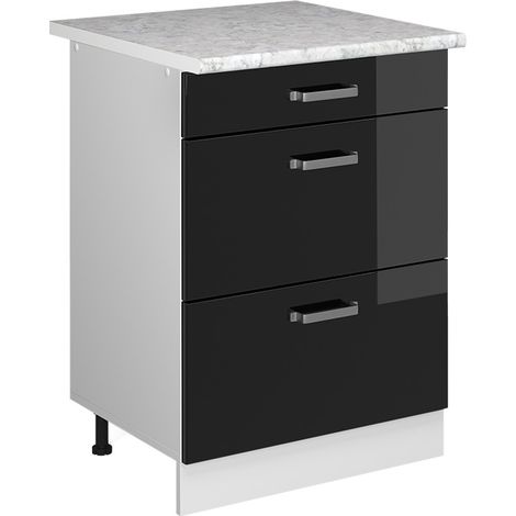 Unterschrank R-Line, Schwarz Hochglanz, 60 cm mit Schubladen, Vicco