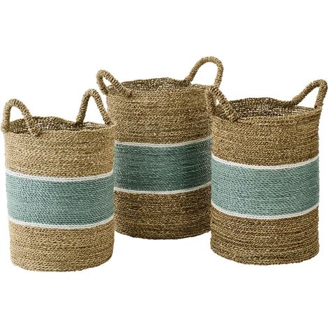 Lot de 3 Paniers de Rangement "Leo" 57cm Naturel & Turquoise