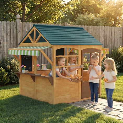 Cabane enfant extérieur pliable avec porte, fenêtres, stations de service, auvents de pluie, tableaux noirs, jaune (1/5)