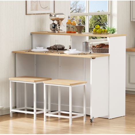 Îlot de cuisine 110x34-68x97.5 cm blanc en MDF avec plateau rabattable, rangements modulables, roulettes verrouillables et 2 tabourets (1/5)