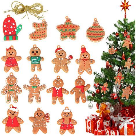 Set of 12 Gingerbread Christmas Tree Decorations, Hanging Christmas Figurines with String for Festive Holiday Decorations (1/5)