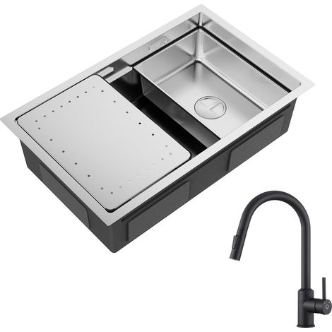 Cecipa Lavello da cucina a 1 vasca 70×44×21 cm Lavello da incasso in acciaio inossidabile spazzolato con gocciolatoio e vasca + Miscelatore da cucina con doccetta estraibile - Nero (1/5)