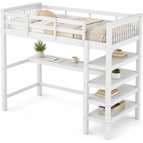 Lit mezzanine 90x200 blanc avec bureau intégré et rangements, en bois de pin et MDF, pour chambre enfant, certifié EN747, sans matelas  CHICFURN (1/5)