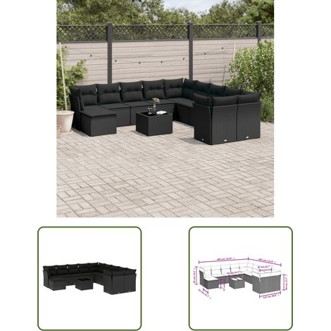 The Living Store 12-tlg. Garten-Sofagarnitur mit Kissen Schwarz Poly Rattan - Gartenmöbel - PE-Rattan Möbel - Outdoor Sofa Set - Esstischset - Lounge Gruppe (1/3)