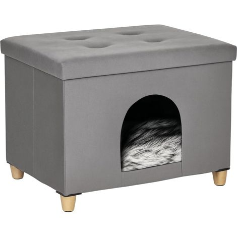 2-IN-1 Katzenhöhle Fußhocker mit Kissen Holzbeine Katzenhaus Katzenkorb weich gepolstert Ottomane elegantes Design abnehmbar MDF Plüsch Grau 60 x 45 x 44,5 cm