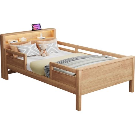 Lit enfant 90x200 cm avec LED, prise USB et Type-C, tête de lit avec rangement, cadre à barreaux, en bois, multifonction pour chambre d'enfant - CHICFURN (1/5)
