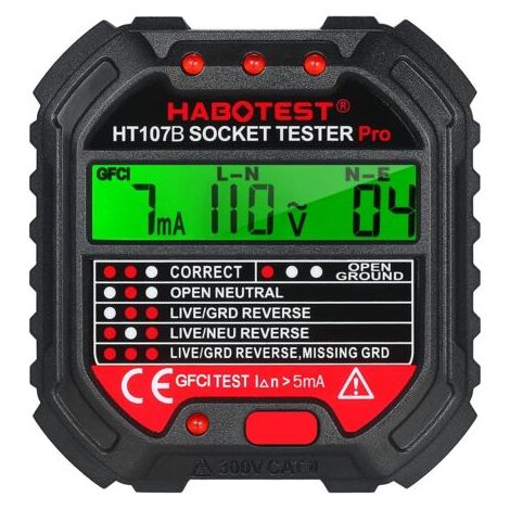 Testeur de Prise Avec Test RCD et Voyants,Testeur de Circuit Electrique,6 Types de Diagnostic D'Erreur,Courant Automatique Détecteur de Tension de Polarité,CAT ll 300V (1/5)