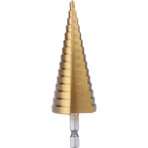 Foret Etagé, Foret Fraise Conique en HSS avec Revêtement Titane Tige Hexagonale Conception de Double Fentes 4mm - 32mm pour Visseuse Perçage sur Bois Acier Laiton Plastique (1/5)