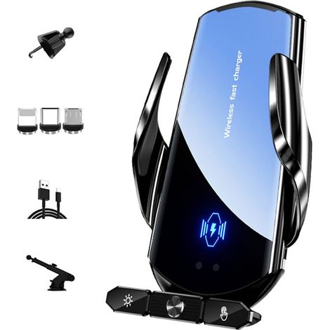 Wireless Car Phone Holder 15W,Fast Charging,TypeC/iOS/MicroUSB  Auto Induction Charger with Magnetic Heads, Phone Holder Ventilation/Dashboard, Fast Charging (Black) (1/5)