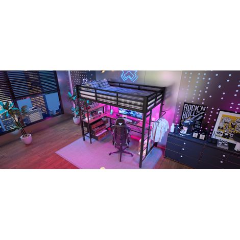 Hochbett, Mit LED-Leuchten, Schreibtisch, Steckdose + USB, 3 Schubladen, Regale, Geländer, Treppe, ohne Matratze