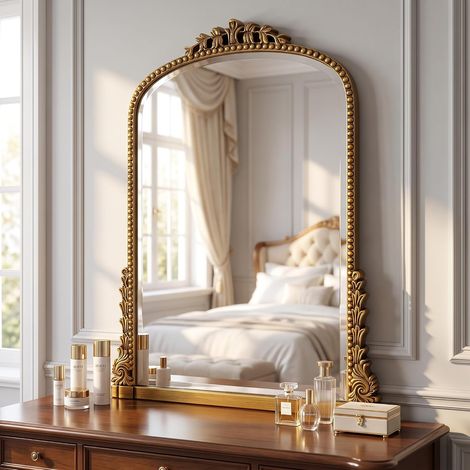 Miroir mural vintage 81 x 61 cm, baroque ovale avec cadre doré, miroir mural incurvé haute définition, grand miroir décoratif pour salon, salle de bain, couloir (1/5)