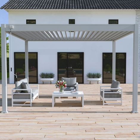 Pérgola bioclimática autoportante Ombrea VS 3x4M - Gris + 1 Estor 4M Blanco