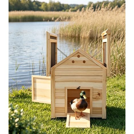 Nichoir en bois naturel avec toit ouvrant et double porte - Abri extérieur pour canards sauvages, cailles et poules (1/5)