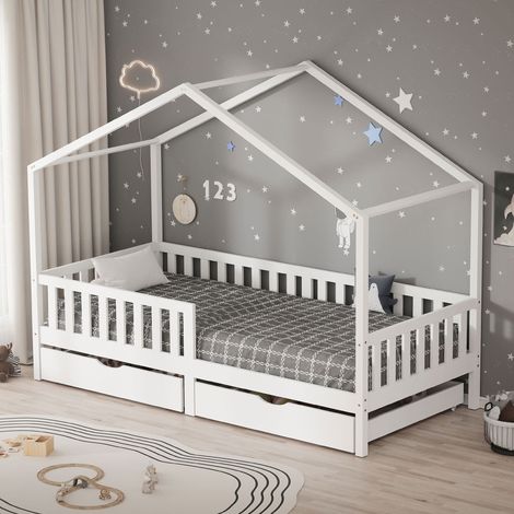 ML-Design Cama Infantil 90x200cm Forma de Casita Madera Blanca Maciza de Pino con 2 Cajones con Somier de Láminas, Techo y Protección Anticaída, Cuna Baja de Suelo para Niños Litera Montessori Junior (1/5)