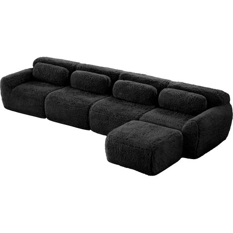 Canapé 4 places en L, combinaison modulaire multiple, sans montage, tissu peluche premium, avec coussins, design méridienne, mousse hautement élastique, pour salon et chambre, noir (1/5)