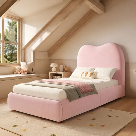 Cama infantil 90x200 cm rosa de terciopelo con almacenaje hidráulico (1/5)