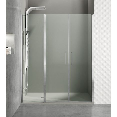OPEN parete doccia frontale con pannello fisso e due porte a battente, larghezza 115 cm, profili neri, vetro trasparente, braccio di sostegno regolabile, pannello fisso + porte 20+50+50 cm (1/5)