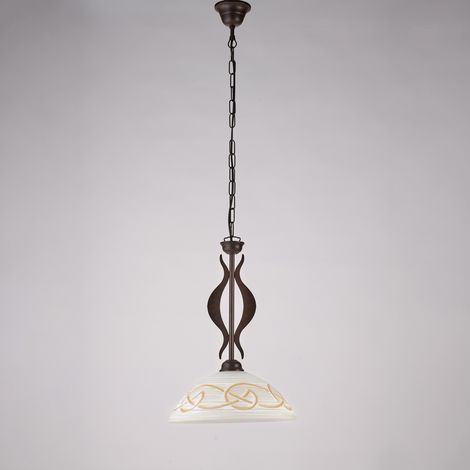 Lustre Bilbao Fer Noir, Déco Rouille, Diffuseur Verre D.30 Blanc Et Ambre, 1 Lumière D.30 Cm, Style Rétro