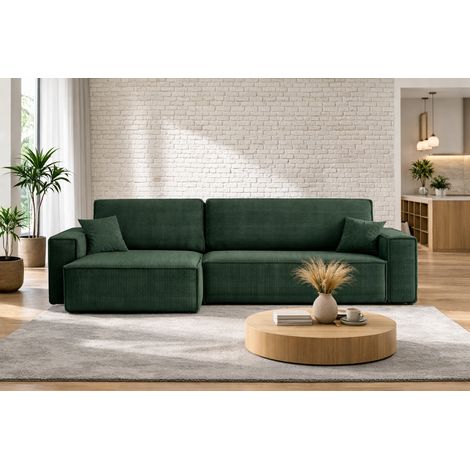 Divano angolare trasformabile reversibile CARLOS XL – Velluto a coste verde bottiglia, ampio vano contenitore, funzione letto, montaggio universale