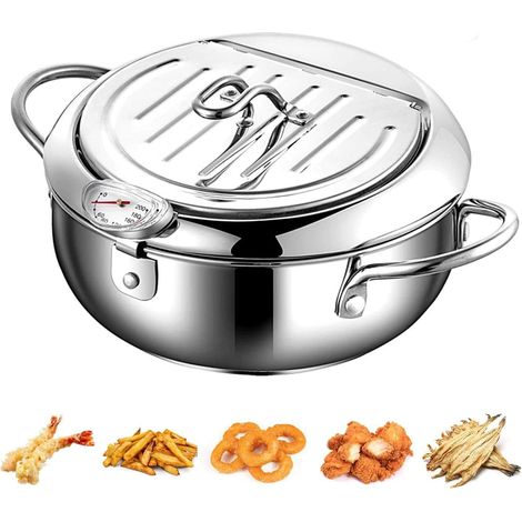 Friteuse en acier inoxydable de style japonais, friteuse à tempura avec thermomètre, couvercle et bac récupérateur d'huile, casserole antiadhésive pour la cuisine (M-2,2L) (1/5)