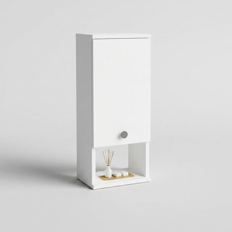 German translation: Wandhängender Badezimmerschrank, platzsparend mit Ablagen und Tür, Modell Mis (1/3)