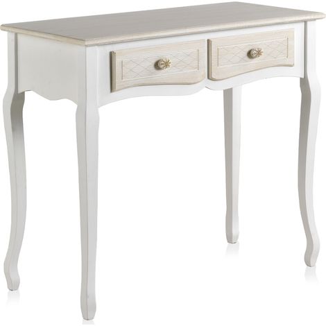 Console en bois blanc avec 2 tiroirs et façades de tiroirs couleur crème