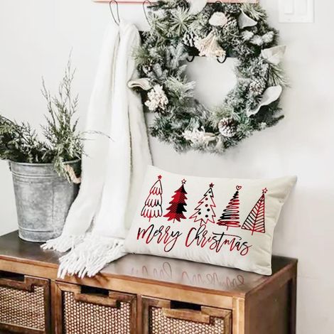 Set di federe per cuscino natalizio (30 x 50 cm) Set da 2 pezzi con motivo Babbo Natale e renne Federa decorativa in cotone e lino Dimensioni: 30 x 50 cm (1/4)