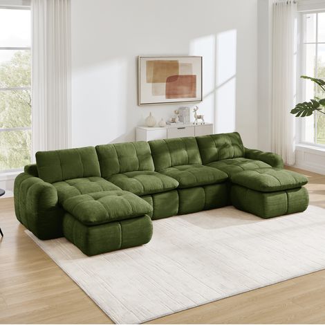 Divano modulare a U 4 posti in ciniglia con 2 pouf, verde, 334 x 160 x 68 cm (1/5)