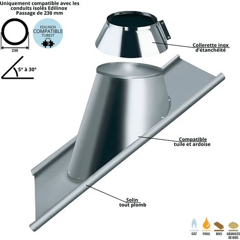 Solin plomb 5 à 30 degrés conduit double paroi isolé Edilinox - Diamètre 180 mm