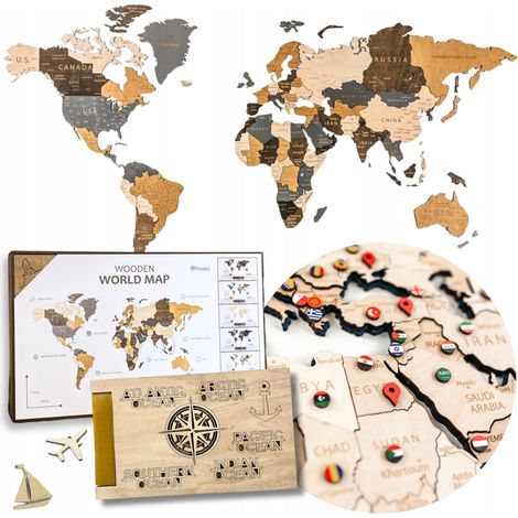 Mappa del mondo 3D in legno, 105 cm, dettagliata + 222 adesivi da viaggio (1/5)