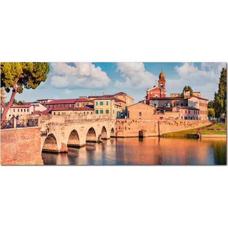 Lupia - Quadro moderno su Tela Canvas DEEP 65X143 cm, con paesaggi e localismi italiani, per casa, soggiorno, capezzale camera da letto, hotel, ufficio, RIMINI - PONTE DI TIBERIO (1/4)