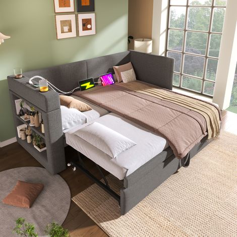 Lit banquette gigogne en coton et lin gris 90x200 cm avec USB, Type-C, porte-gobelets et rangement