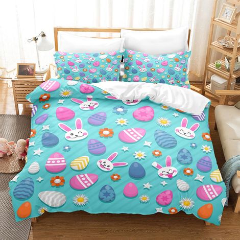 Housse De Couette Et Housses D'oreiller - Ensemble De Literie De Pâques - Motif Lapin Et Oeuf - Microfibre - 180 X 210 Cm Et 50 X 75 Cm - 3 Pièces (1/5)