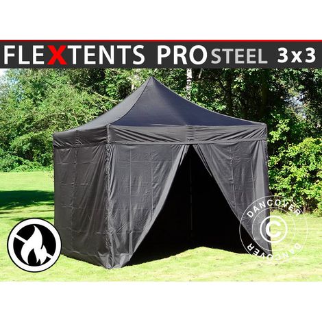 Pop up gazebo FleXtents PRO Steel 3x3 m Black, Flame retardant, incl. 4 sidewalls