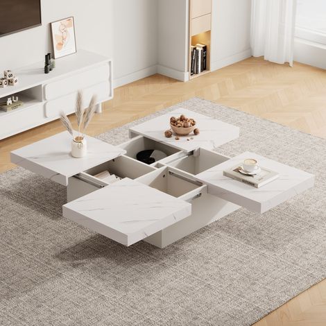 Couchtisch quadratisch Weiß aus Spanplatte, Marmor-Optik, 90 x 90 cm, 4 Schubladen, verschiebbare Tischplatte