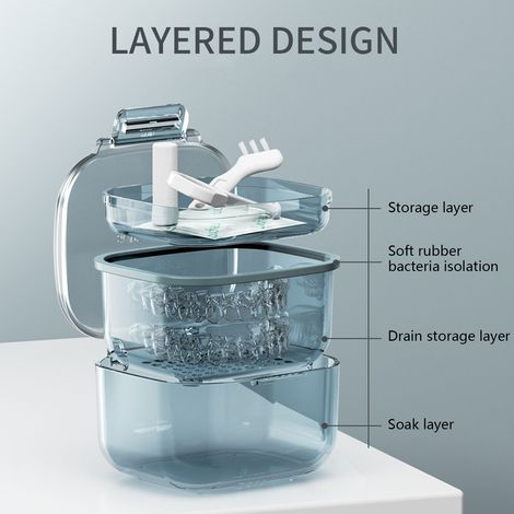 Étui à 3 niveaux pour appareil dentaire invisible, boîte de rangement orthodontique noire, compartiments aérés, portable 8x8x6 cm, en PC + silicone + inox (1/5)