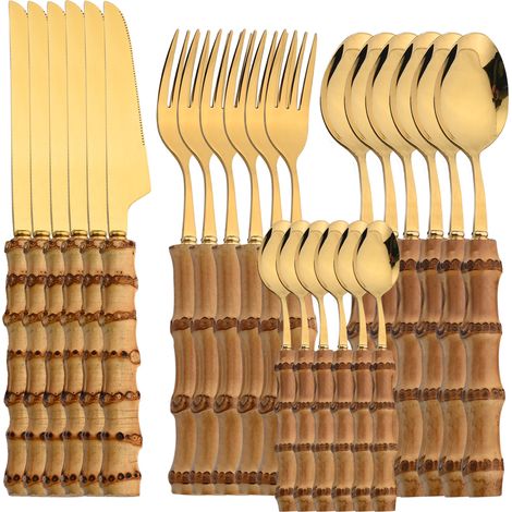 Service de table 24 pièces en acier inoxydable poli miroir (doré), comprenant un couteau, une fourchette et une cuillère à manche en bambou. (1/5)