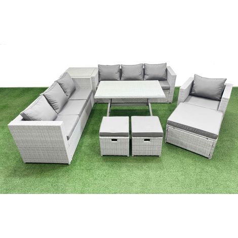 Fimous Outdoor Rattan Garden Furniture Dining Set 10-seater Patio Rectangular Table 3 Seater Sofa Armchair Set with Side Table 3 Stools (1/4)
