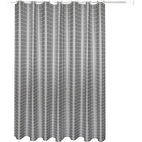 Rideau de douche 180x180 cm avec crochets en acier inoxydable 12 pièces, motif gris quadrillé, ensemble en PEVA pour dortoir (1/5)