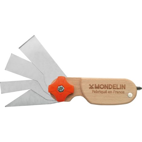 Couteau Héliss multifonctions – 4 lames inox : raclage 3 cm biseautée, lissage 3 cm – Manche en hêtre PEFC – Outil polyvalent pour enduits et finitions (1/5)