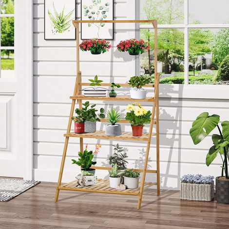 Étagère à Fleurs Supports de Pots Porte Plante en Bois de Bambou 3 Niveuax + Barre Support pour Pots Suspendus pour Intérieur Balcon Jardin Terrasse (1/5)