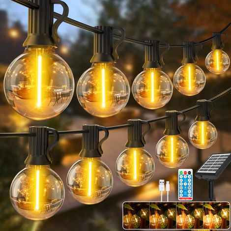 Guirnalda de luces solares para exterior de 9,5 m, recargable por USB, con mando a distancia y 25 bombillas LED G40, 8 modos, IP44 (2 juegos) (1/5)